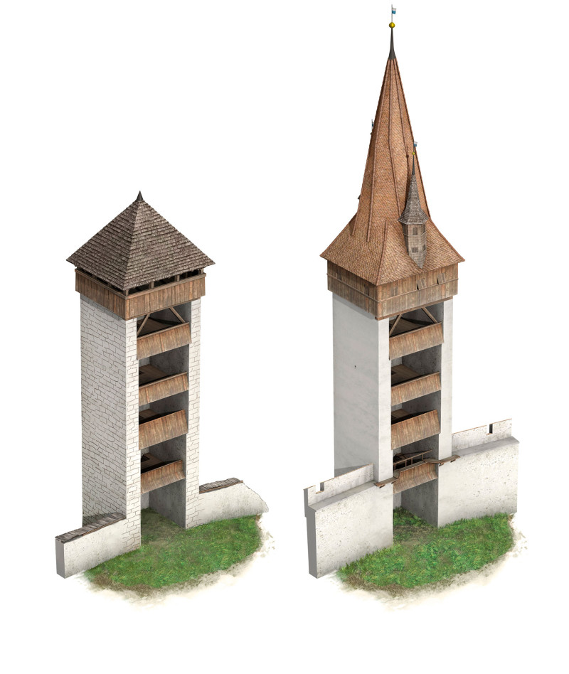 Luegislandturm zur Bauzeit um 1367 und Mitte das 15. Jh