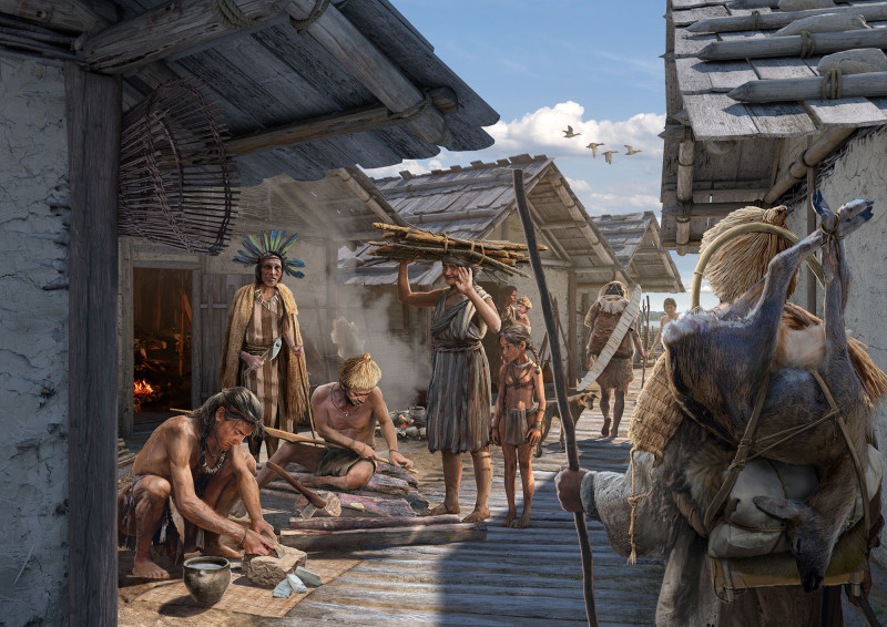 Blick in die Pfahlbausiedlung in Kehrsiten (Jungsteinzeit, 4. Jt. v. Chr.)