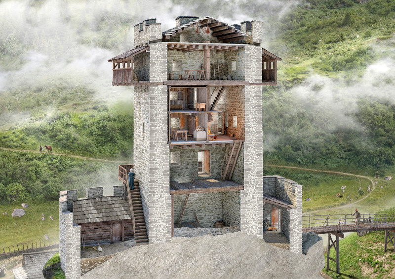 Querschnitt durch den Turm mit rekonstruierten Raumnutzungen.